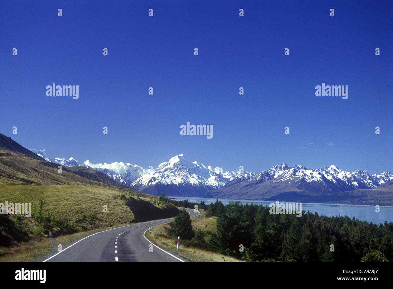 CURVED ROAD LAKE LAKE PUKAKI AORAKI MOUNT COOK NATIONAL PARK MACKENZIE COUNTRY CANTERBURY SOUTH ISLAND NEW ZEALAND Stock Photo