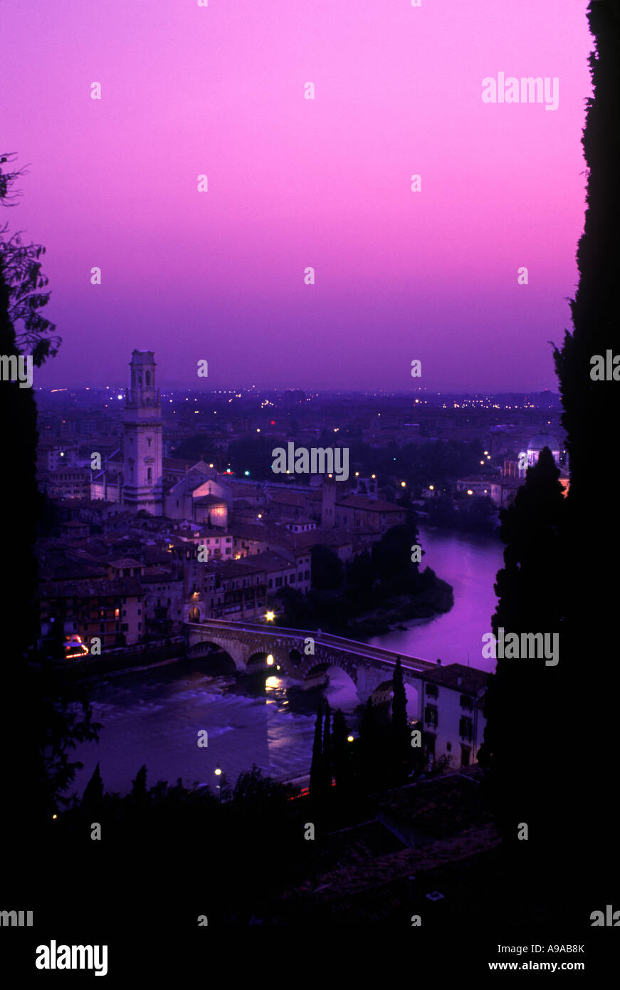 PONTE PIETRA AND OLD CITY RIVER ADIGE VERONA SKYLINE VENETO ITALY Stock ...