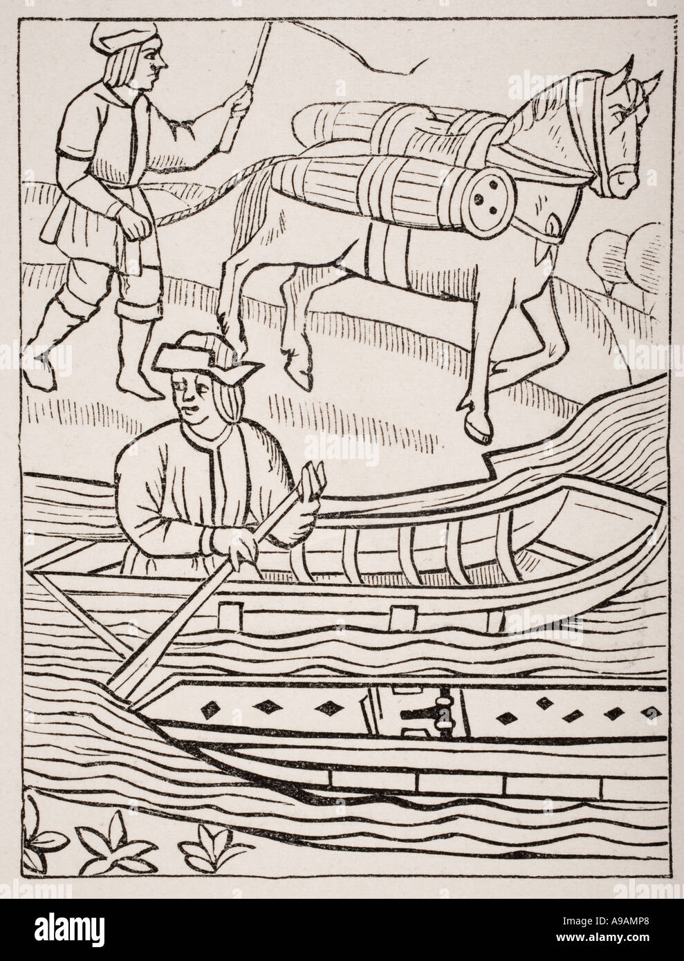 Conveyance of fish by water and land. 19th century copy of an engraving in the Royal Statutes of the Provostship of Merchants, 1528. Stock Photo