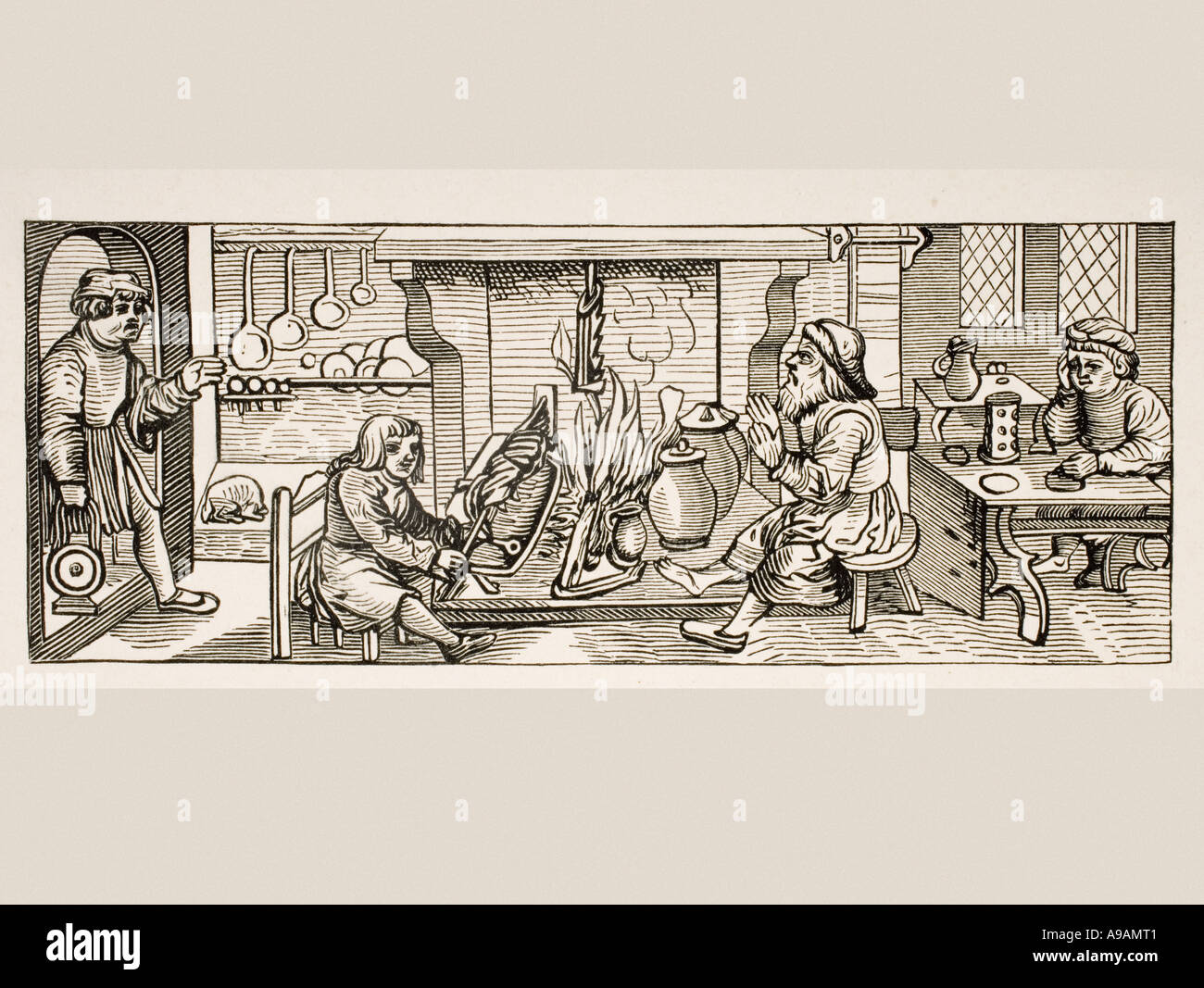 Interior of a 16th century kitchen. Copy of woodcut in Calendarium