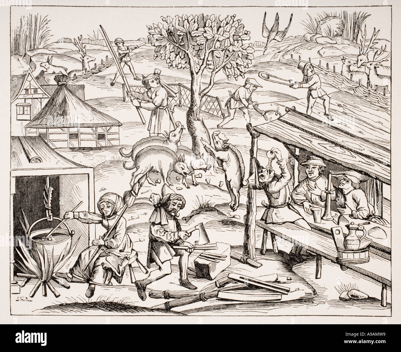 Country Life. 19th century reproduction of a woodcut in a folio edition of Virgil, published in Lyons 1517. Stock Photo