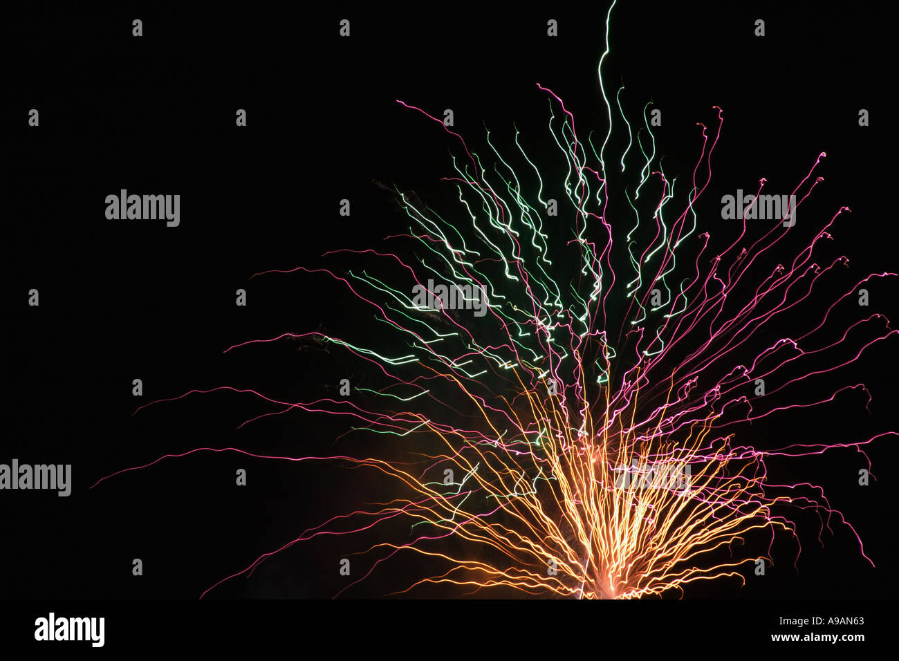 Fireworks exploding in black night sky close up Stock Photo
