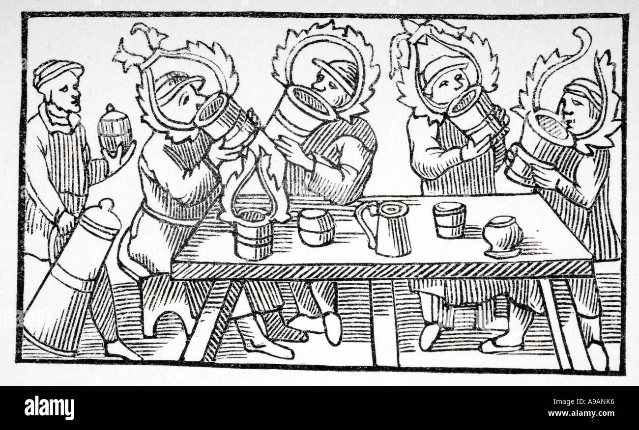 The Great Drinkers of the North. Facsimile of a woodcut from Histoires des Pays Septentrionaux by Olaus Magnus, circa 1560. Stock Photo
