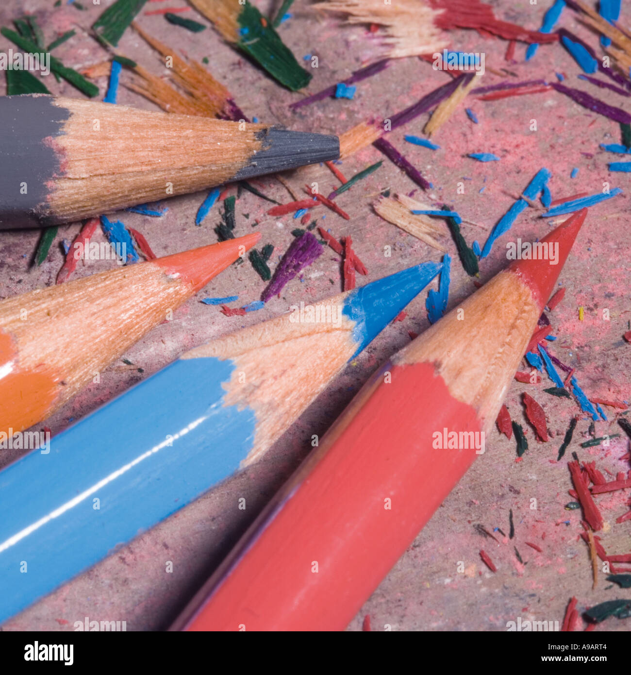 Sharpened coloured pencils and shavings Stock Photo