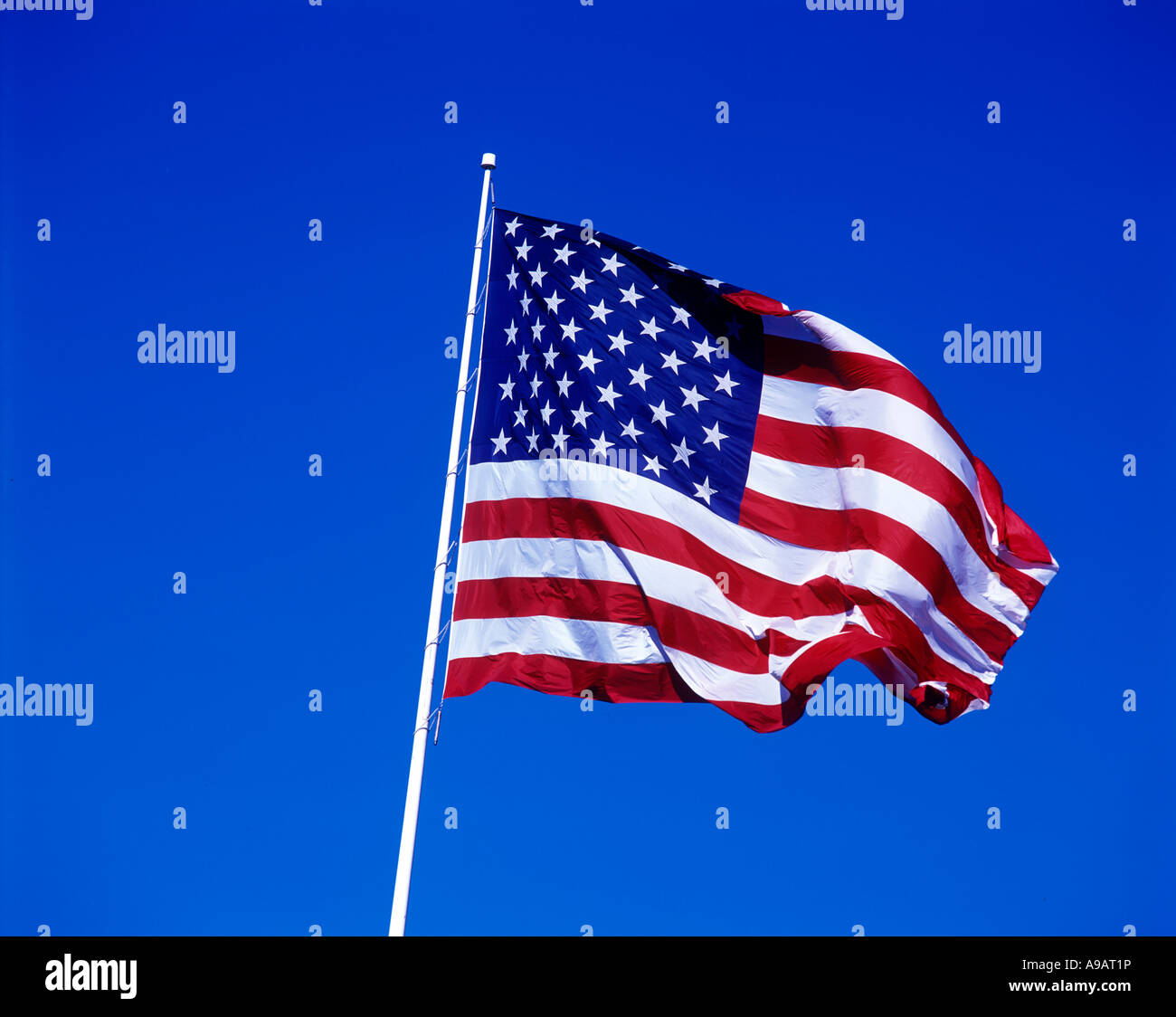 UNITED STATES FLAG FLYING ON FLAGPOLE WITH CLEAR BLUE SKY Stock Photo ...