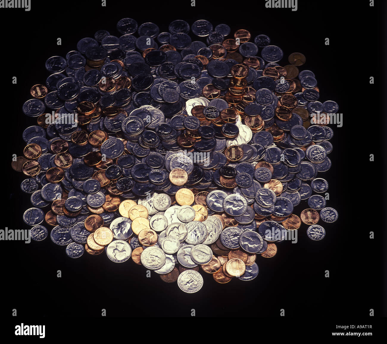 AMERICAN COINS ON BLACK BACKGROUND Stock Photo