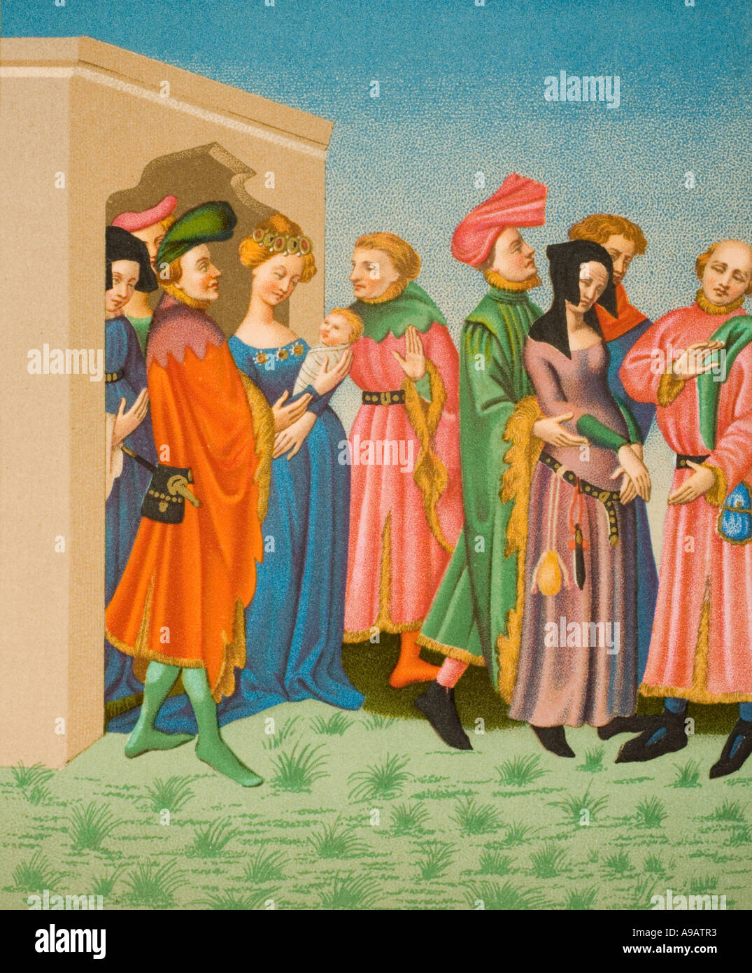 A young mother's retinue. Parisian costumes at the end of the 14th century. Stock Photo