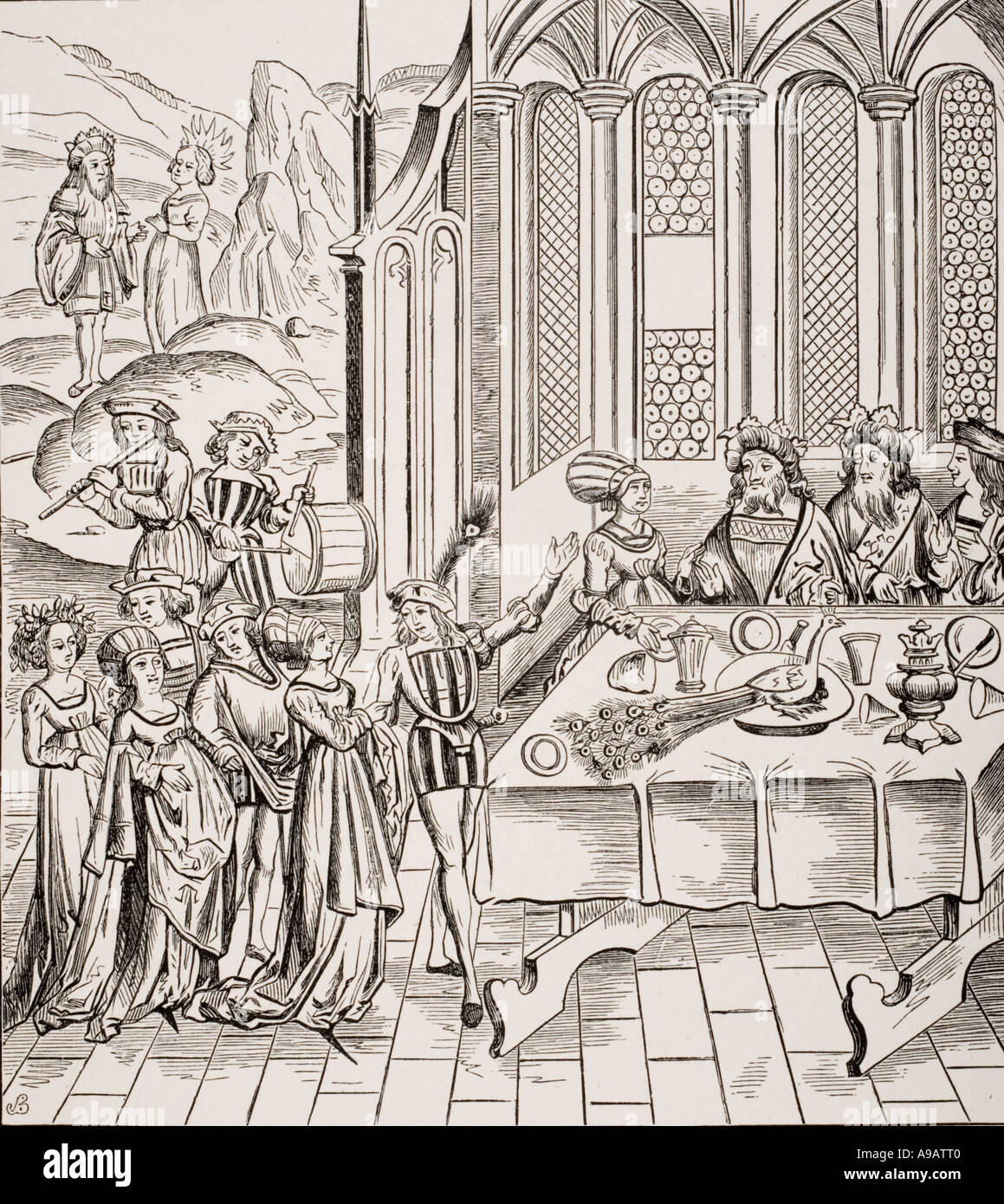 Serving the Peacock at a State Banquet. 19th century copy of a woodcut in an edition of Virgil published in Lyon, 1517. Stock Photo