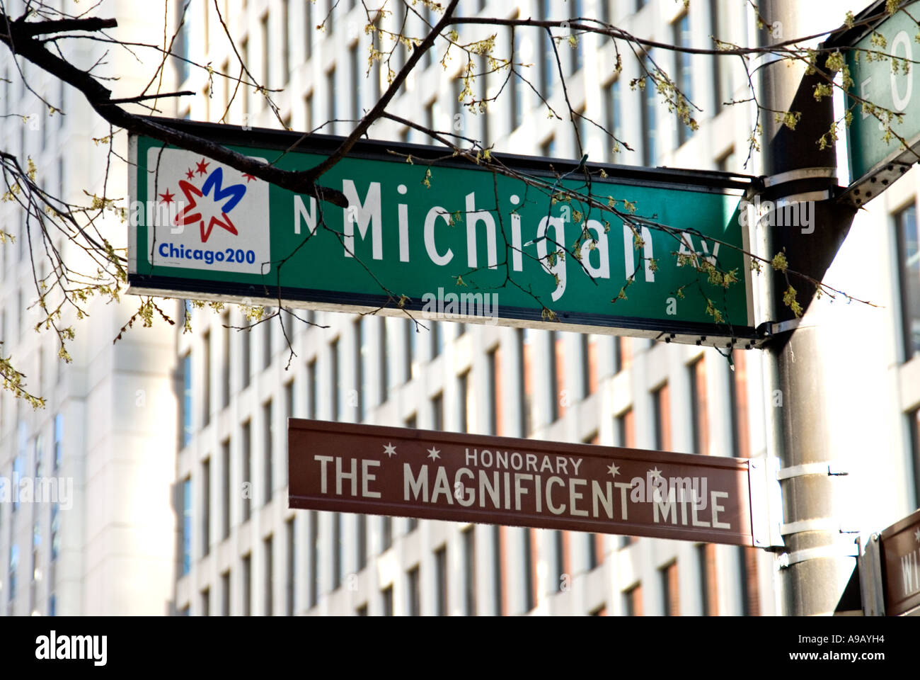 Chicago Michigan Avenue Street Sign / The Magnificent Mile (Upscale retail stores along Michigan Ave.) Stock Photo