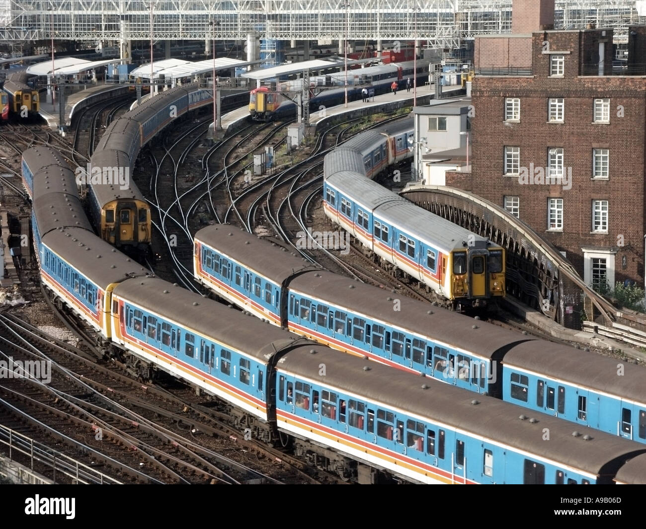 Waterloo train station platforms view from above of passenger trains