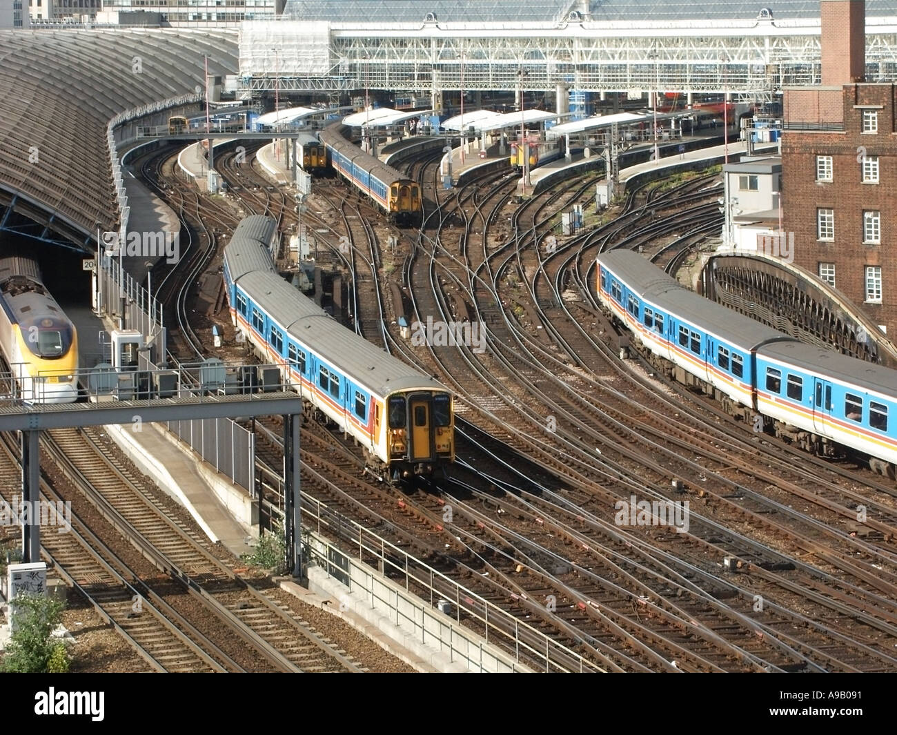Waterloo train station platforms view from above of passenger trains