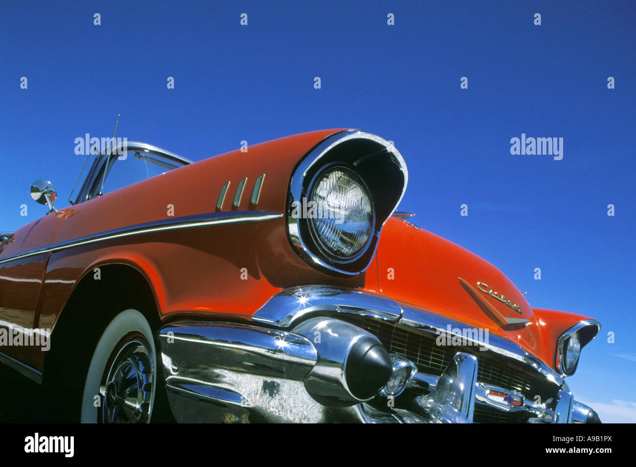 RED 1957 CHEVROLET BELAIR CONVERTIBLE AUTOMOBILE (©GENERAL MOTORS CORPORATION 1957) Stock Photo