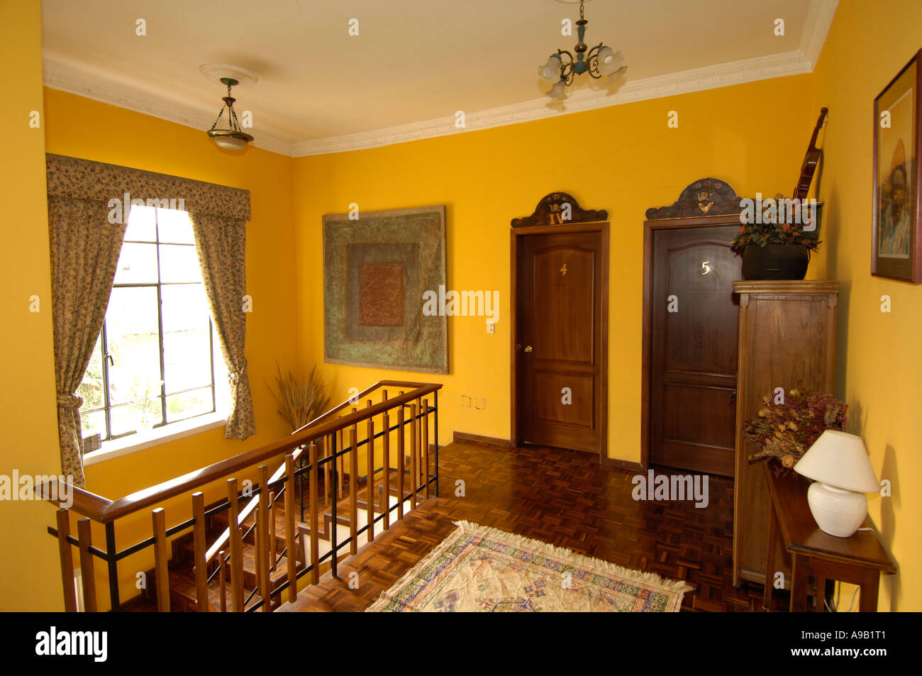 Ecuador Quito Hotel With Yellow Colonial Style Interior Architecture Stock Photo Alamy
