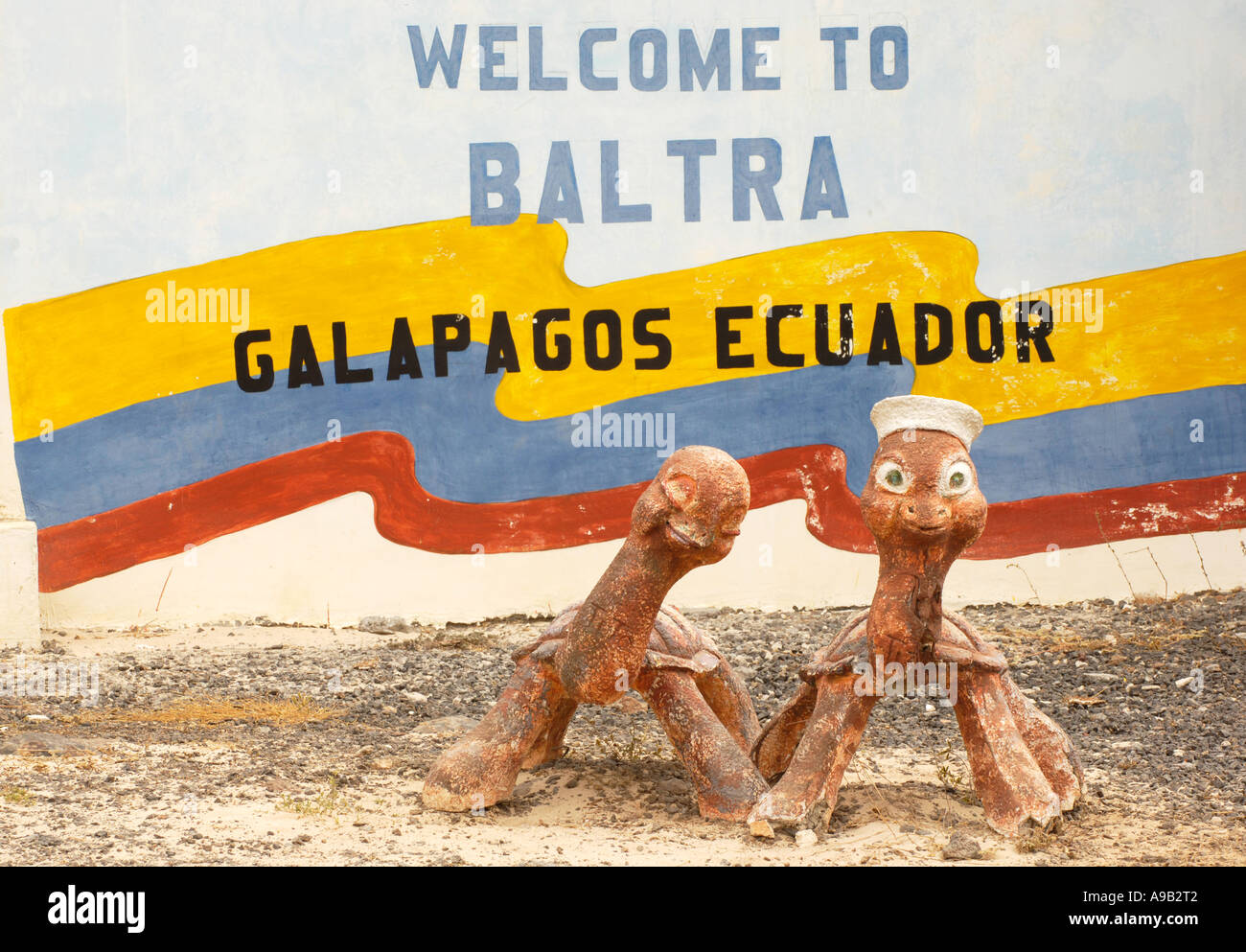 South America Latin America Ecuador Galapagos Islands Santa Cruz Island Turtle sculptures and welcome sign at airport on Baltra Stock Photo