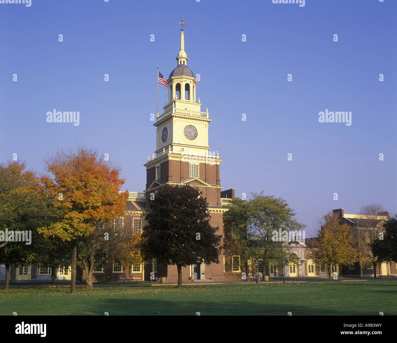 CLOCK TOWER AND INDEPENDENCE HALL REPLICA HENRY FORD MUSEUM DEARBORN MICHIGAN USA Stock Photo