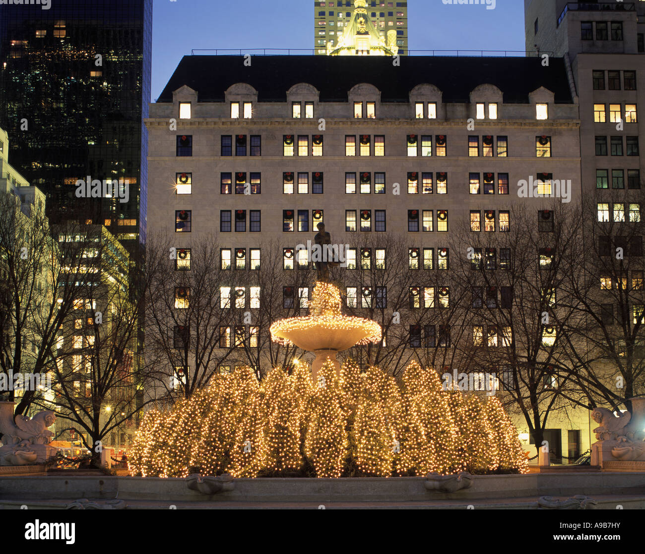 CHRISTMAS TREES PULITZER FOUNTAIN FIFTH AVENUE MANHATTAN NEW YORK CITY