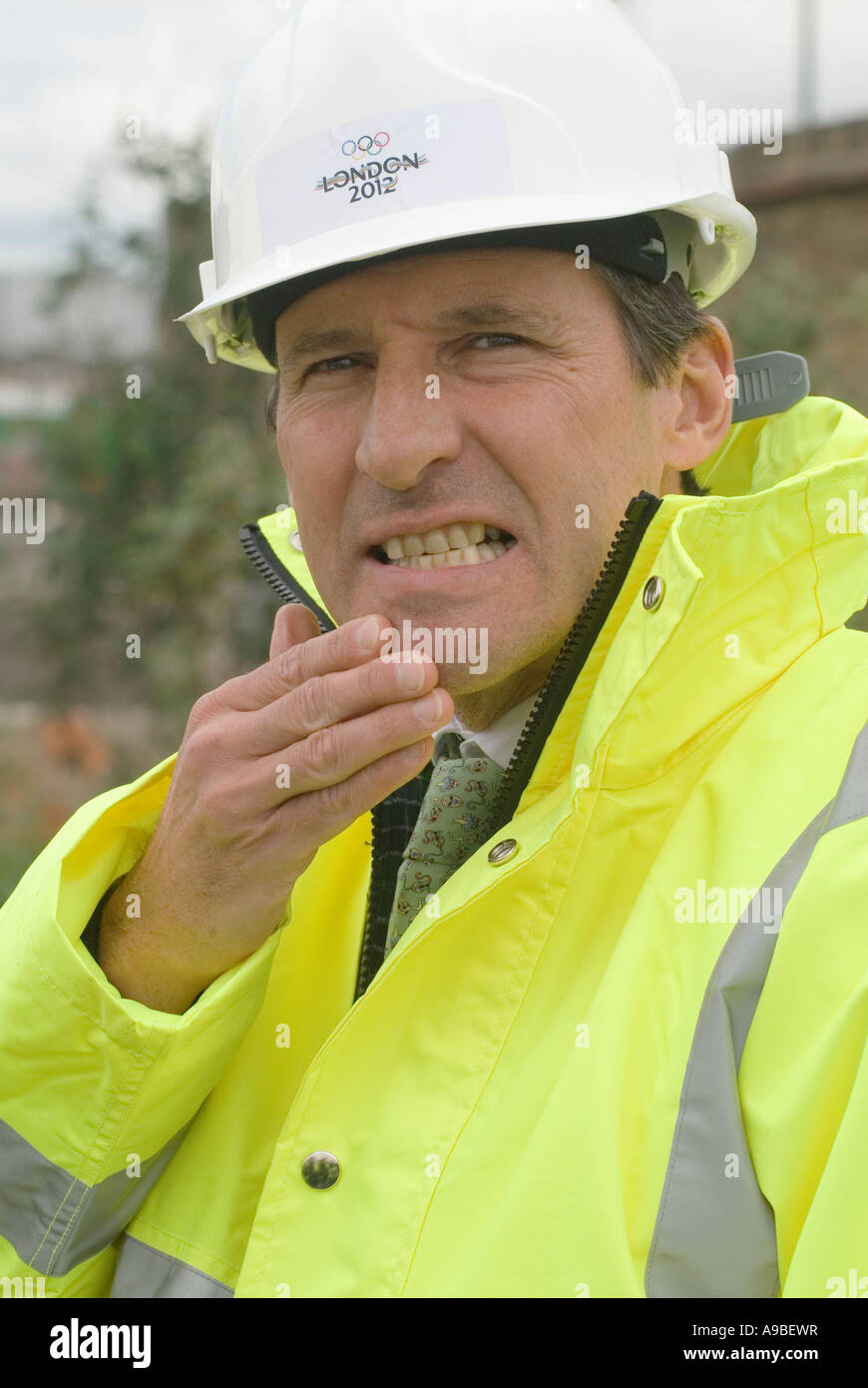 Lord Seb Sebastian Coe portrait looking worried in hard hat East London Lee Valley site of the 2012 Olympic Games 2007 HOMER SYKES Stock Photo