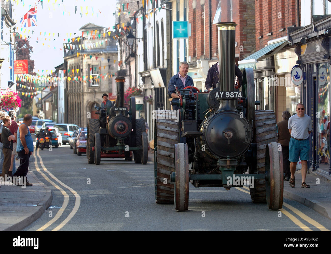 Steam engines make their way to Kington Vintage Show through the town Stock Photo