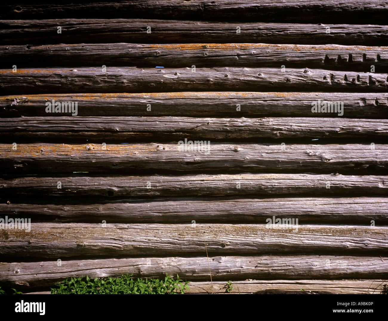 roughly trimmed logs secured horizontally to form a well ventilated but secure barn Stock Photo