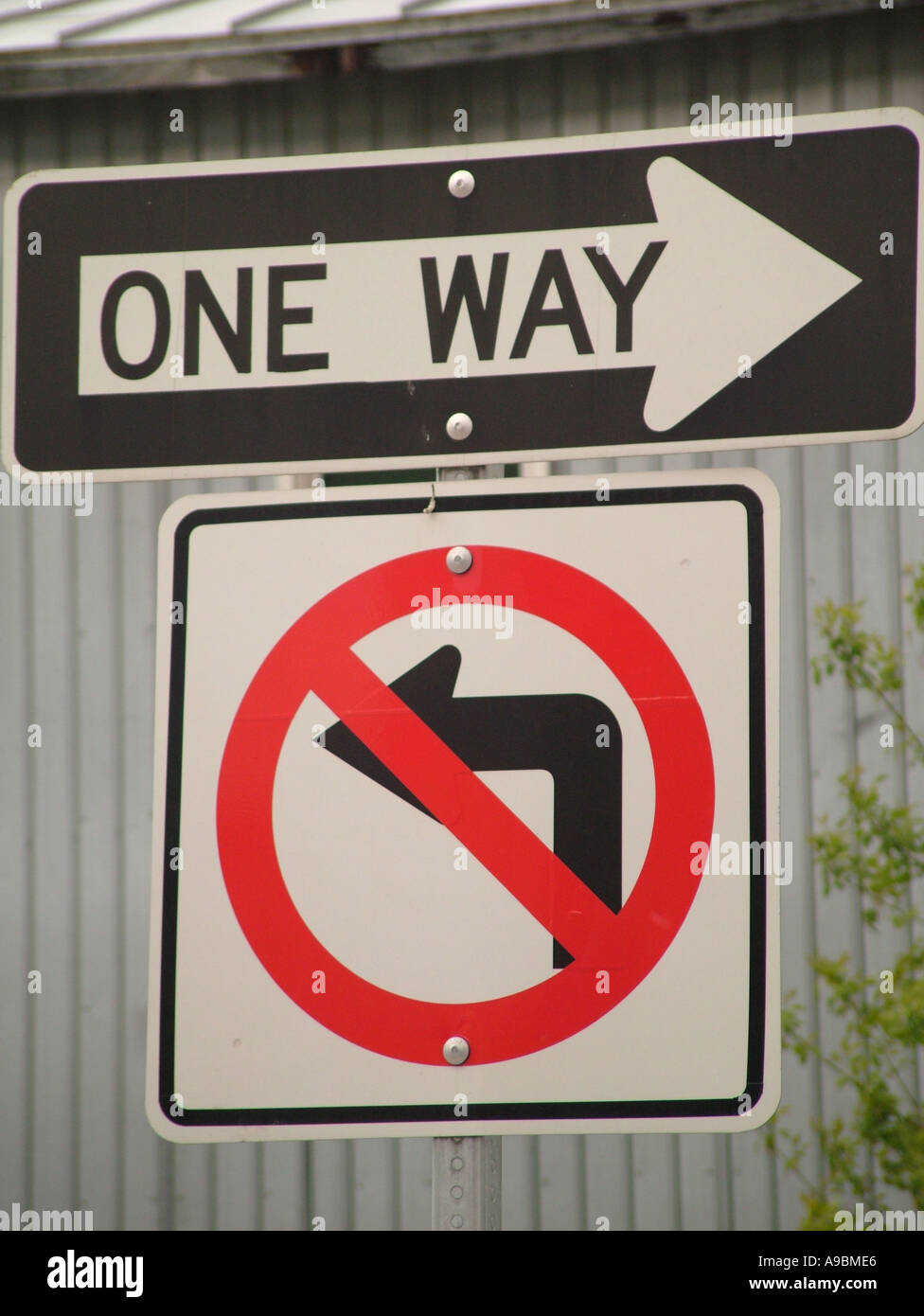AJD42633, road signs, One Way, no left turn sign Stock Photo