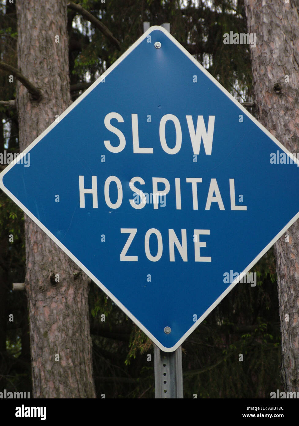 AJD42799, road sign, Slow Hospital Zone Stock Photo Alamy