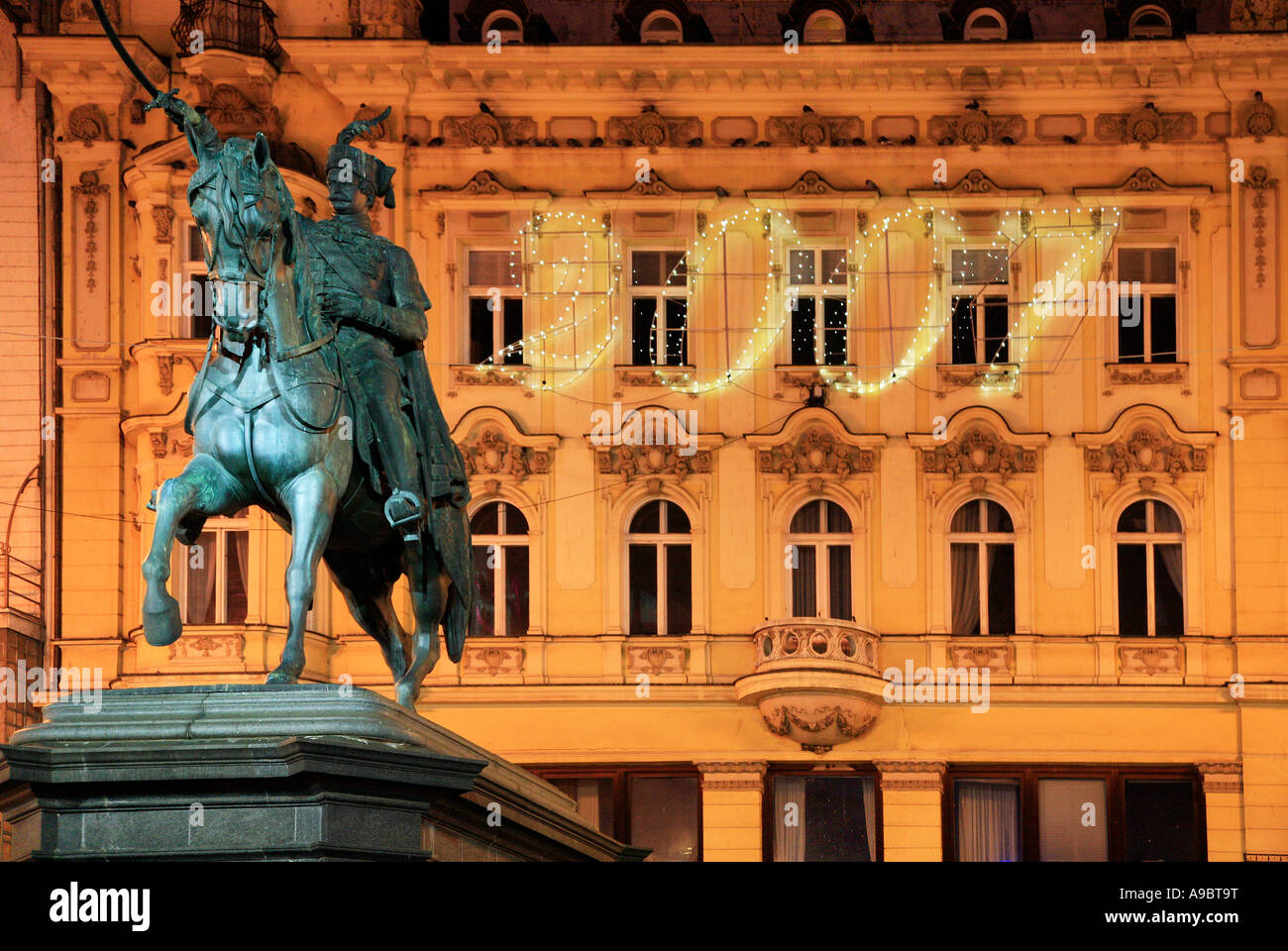 Statue of Ban Jelacic in Ban Jelacic square Zagreb New Year 2007 Stock Photo