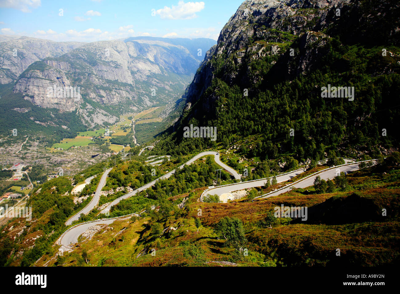 Hairpin bends on road to Lysebotn Fjord Norway Stock Photo