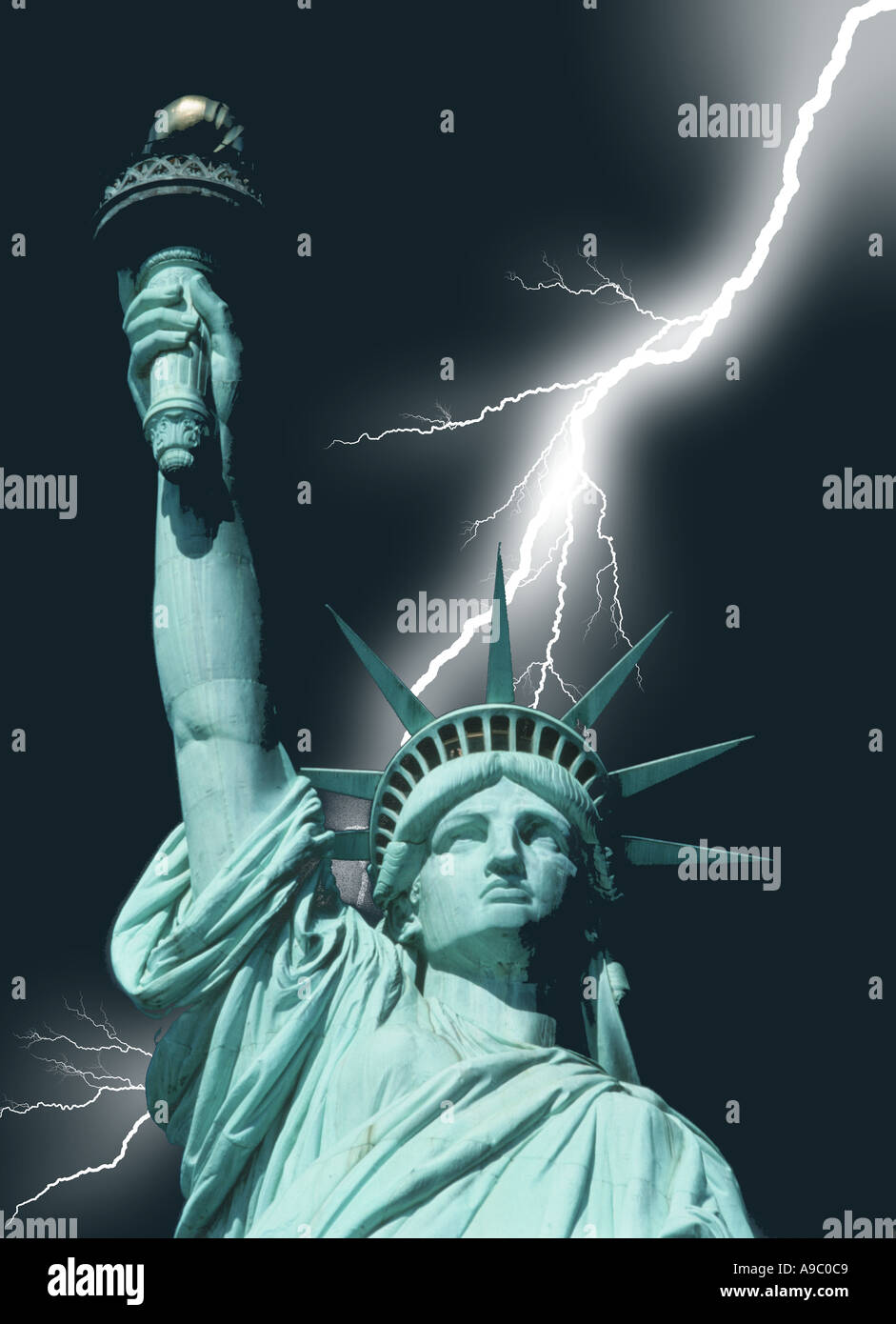 bolt of lightning strikes near Statue of Liberty in New York USA Stock
