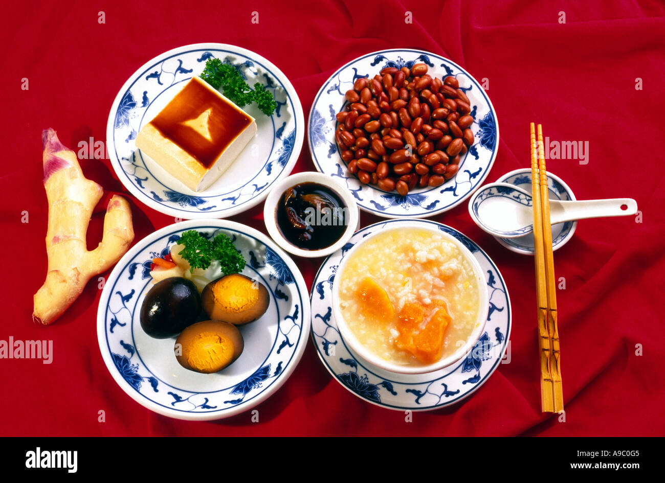 Chinese snacks from Taiwan Tofu peanuts tea egg pumpkin soup Stock Photo