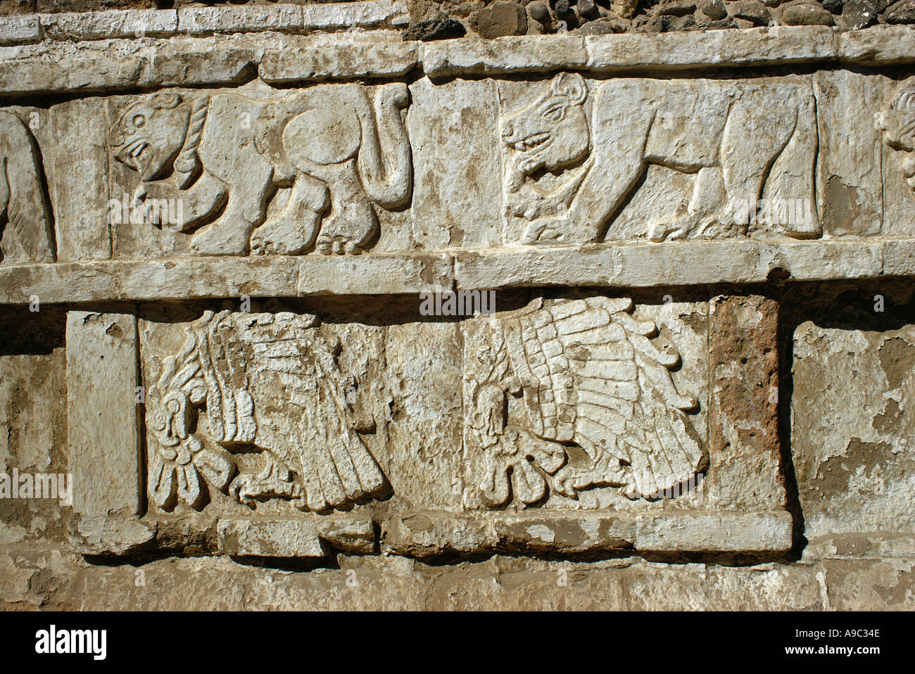 Bas relief on Pyramid B at ruins of Tula Toltec capital Mexico Stock Photo