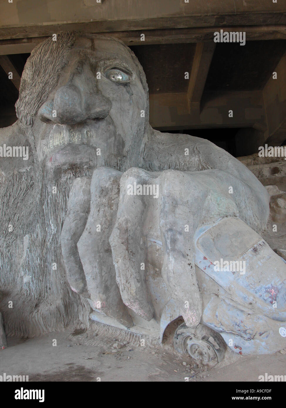 This is the Fremont Troll under the Aurora Bridge of highway 99, north of Seattle Washington USA. Stock Photo