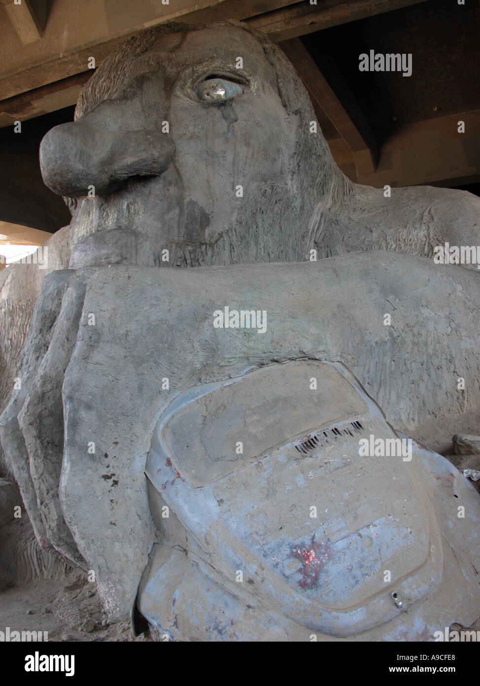 This is the Fremont Troll under the Aurora Bridge of highway 99, north of Seattle Washington USA. Stock Photo