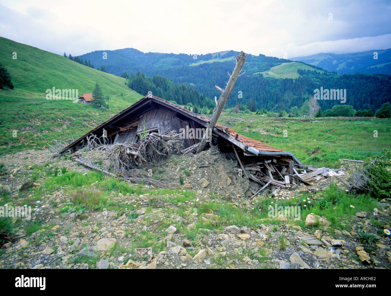 historic picture year of 1996 shed destroyed by mudslide switzerland Stock Photo
