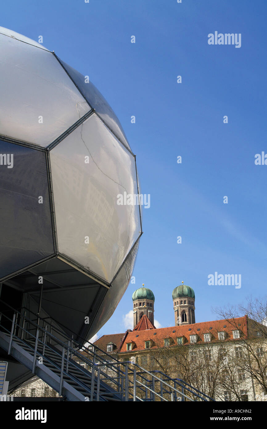 Fussball Globus at Marienplatz Frauenkirche double tower Bayern Bavaria Germany Stock Photo