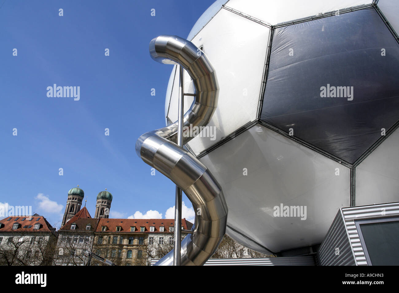 Fussball Globus at Marienplatz Frauenkirche double tower Bayern Bavaria Germany Stock Photo