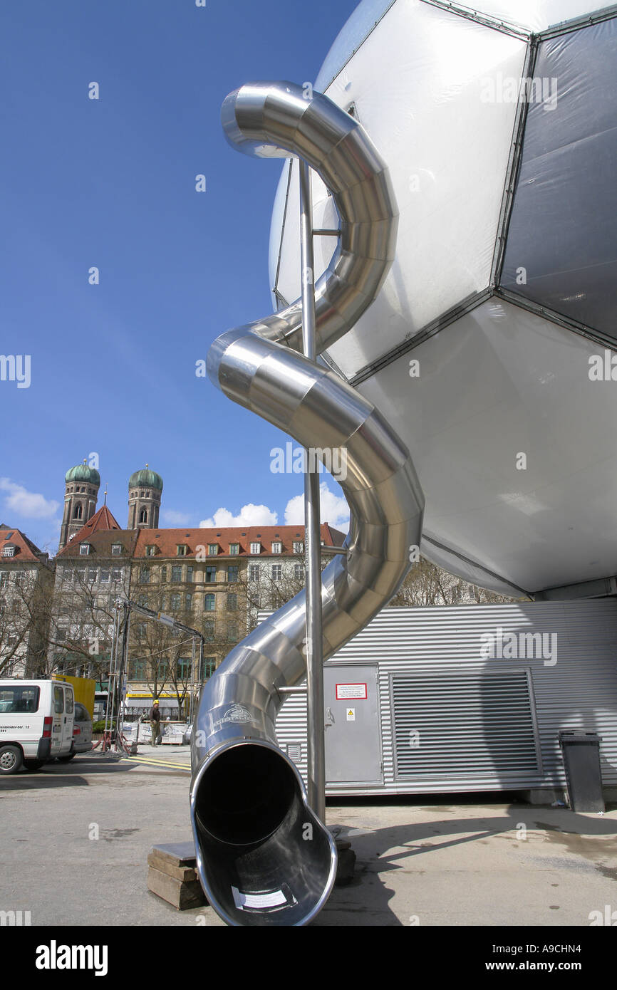 Fussball Globus at Marienplatz Frauenkirche double tower Bayern Bavaria Germany Stock Photo