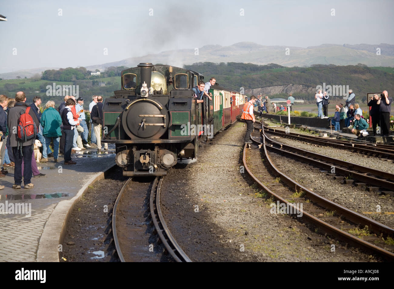 Steam train on the Ffestiniog railway at Porthmadog Harbour Station