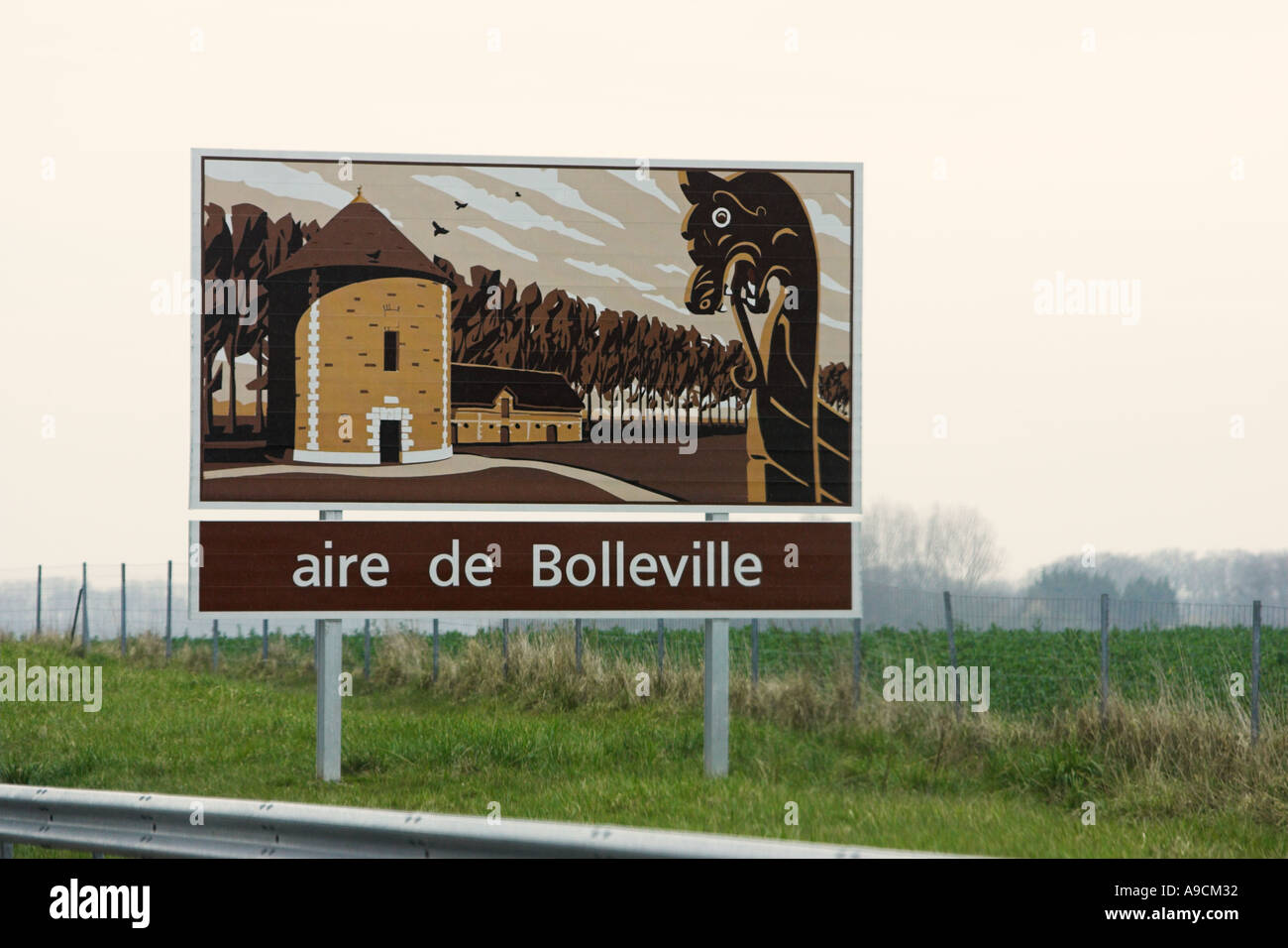French painted autoroute information sign Aire de Bolleville Stock Photo