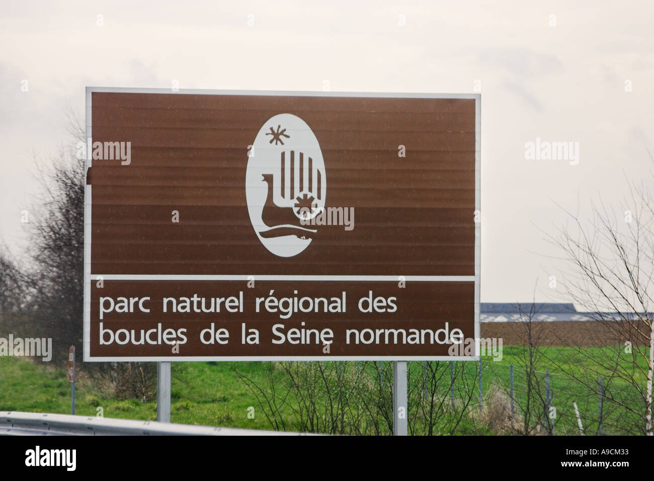 French painted autoroute information sign to a nature park Normandy France Stock Photo