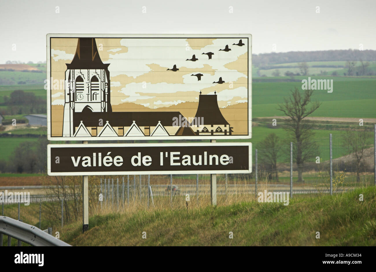 French painted autoroute information sign Vallée de L'Eaulne France Europe Stock Photo