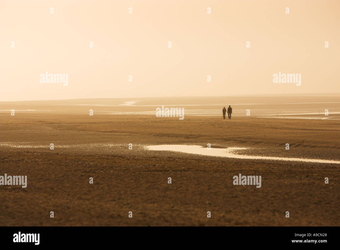 Couple walking on a beach at sunset silhouette Stock Photo