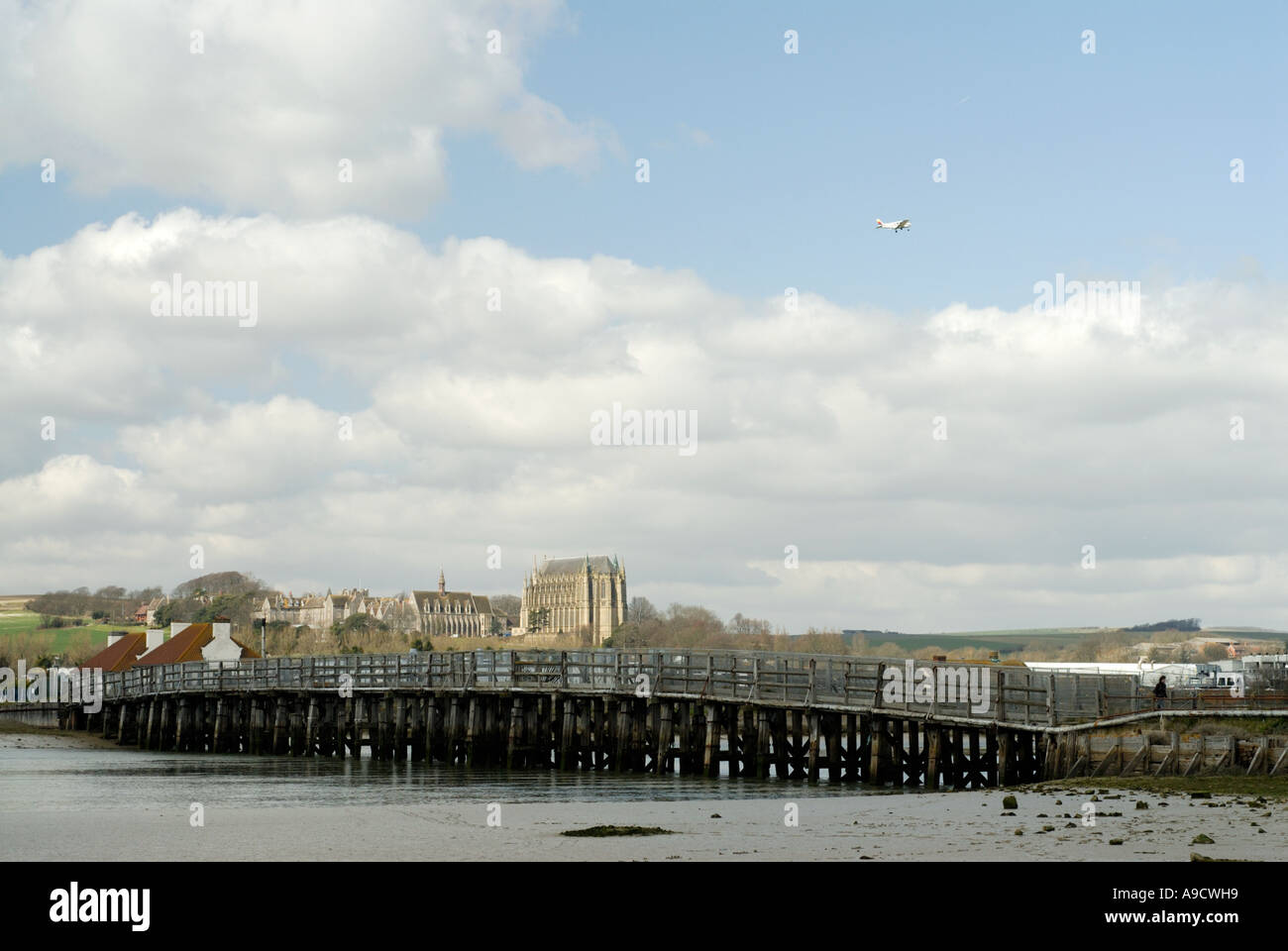 18th century Old tollbridge Shoreham with Lancing College in the background. Bridge due for renovation Stock Photo