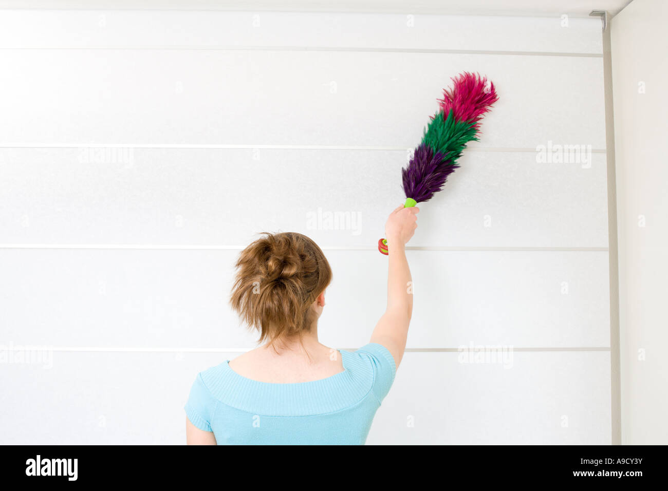 rear view of young woman dusting curtains Stock Photo Alamy