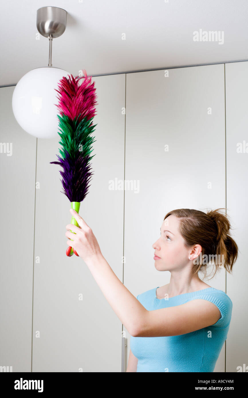 young woman dusting lamp with feather duster Stock Photo Alamy