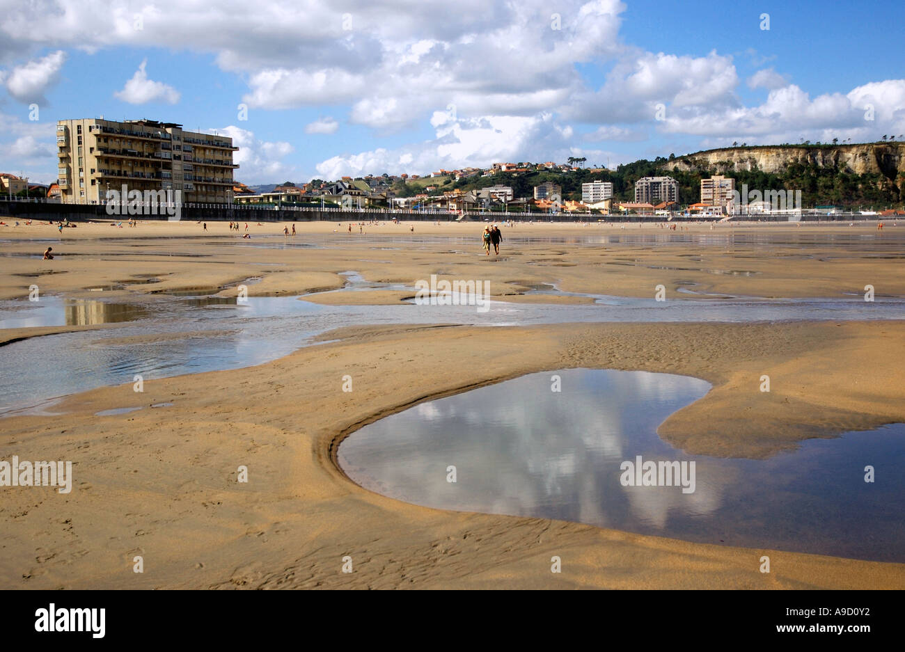 View of the seafront and beach of Salinas Asturias Bay of Biscay Golfo de Vizcaya Spain España Iberia Europe Stock Photo