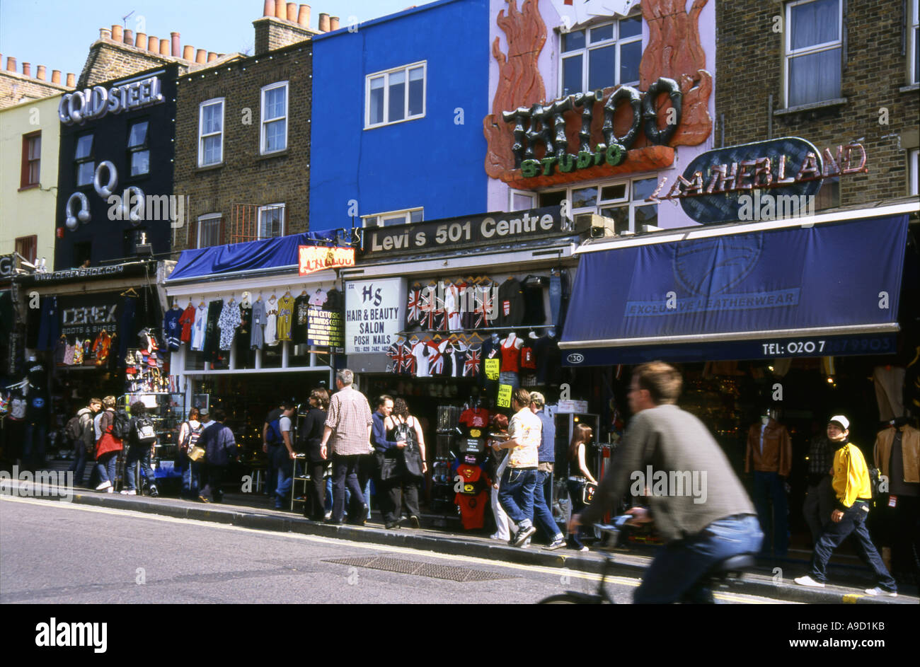 View of busy lively colourful street & shops in Camden Town London ...