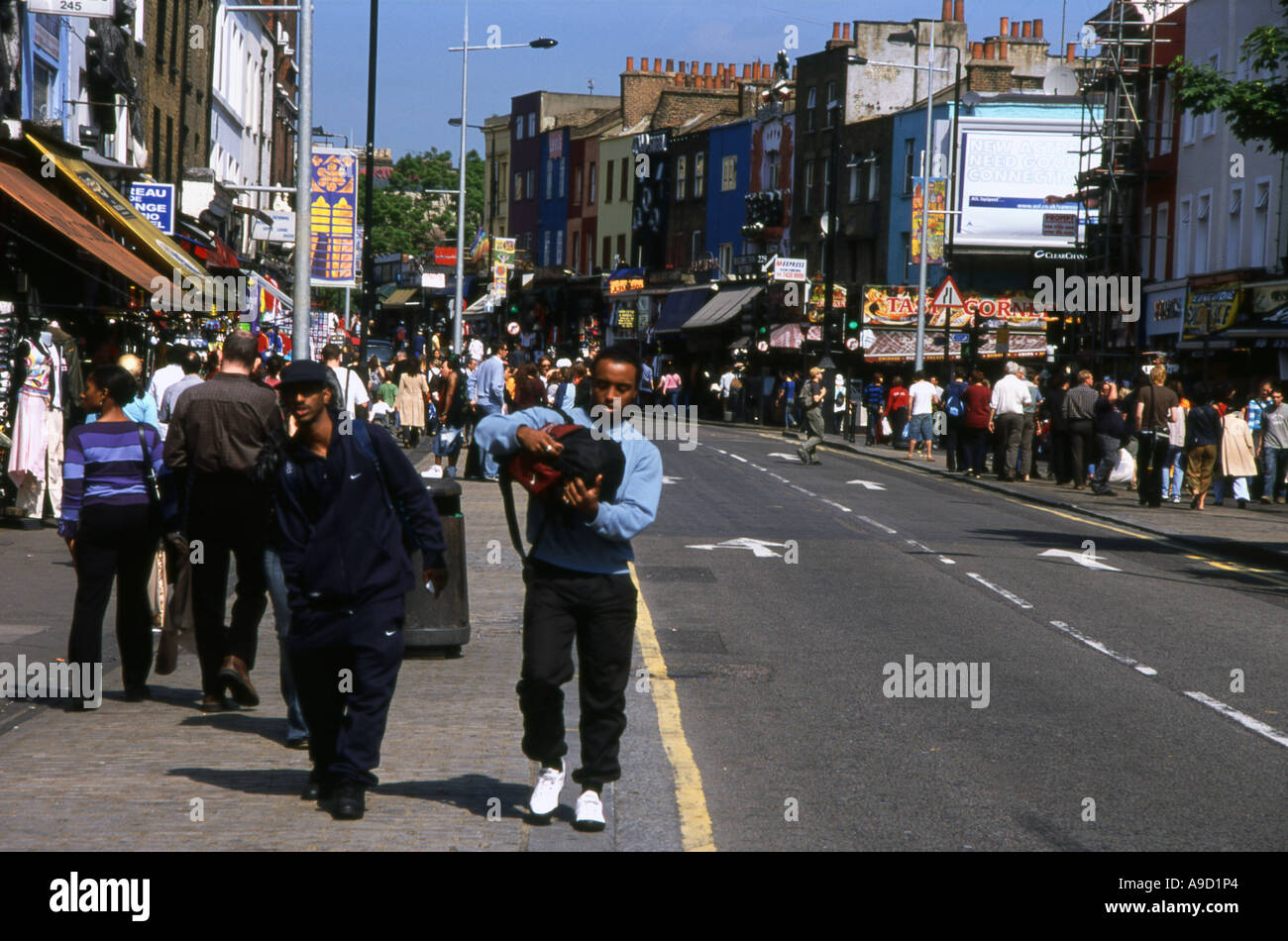 View of busy lively colourful street & shops in Camden Town London ...