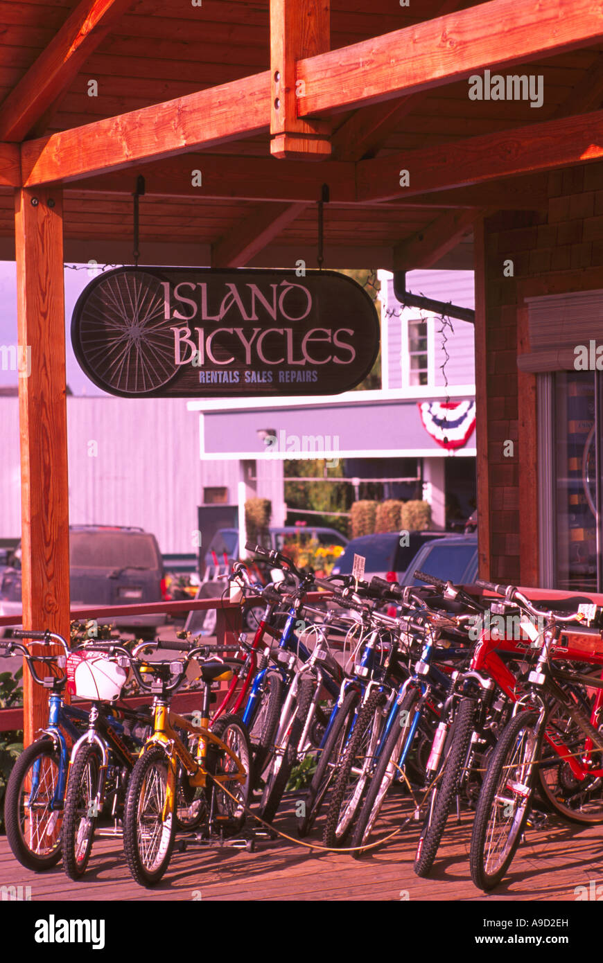 Bicycles for Rent at Friday Harbor on San Juan Island, Washington State, USA Stock Photo