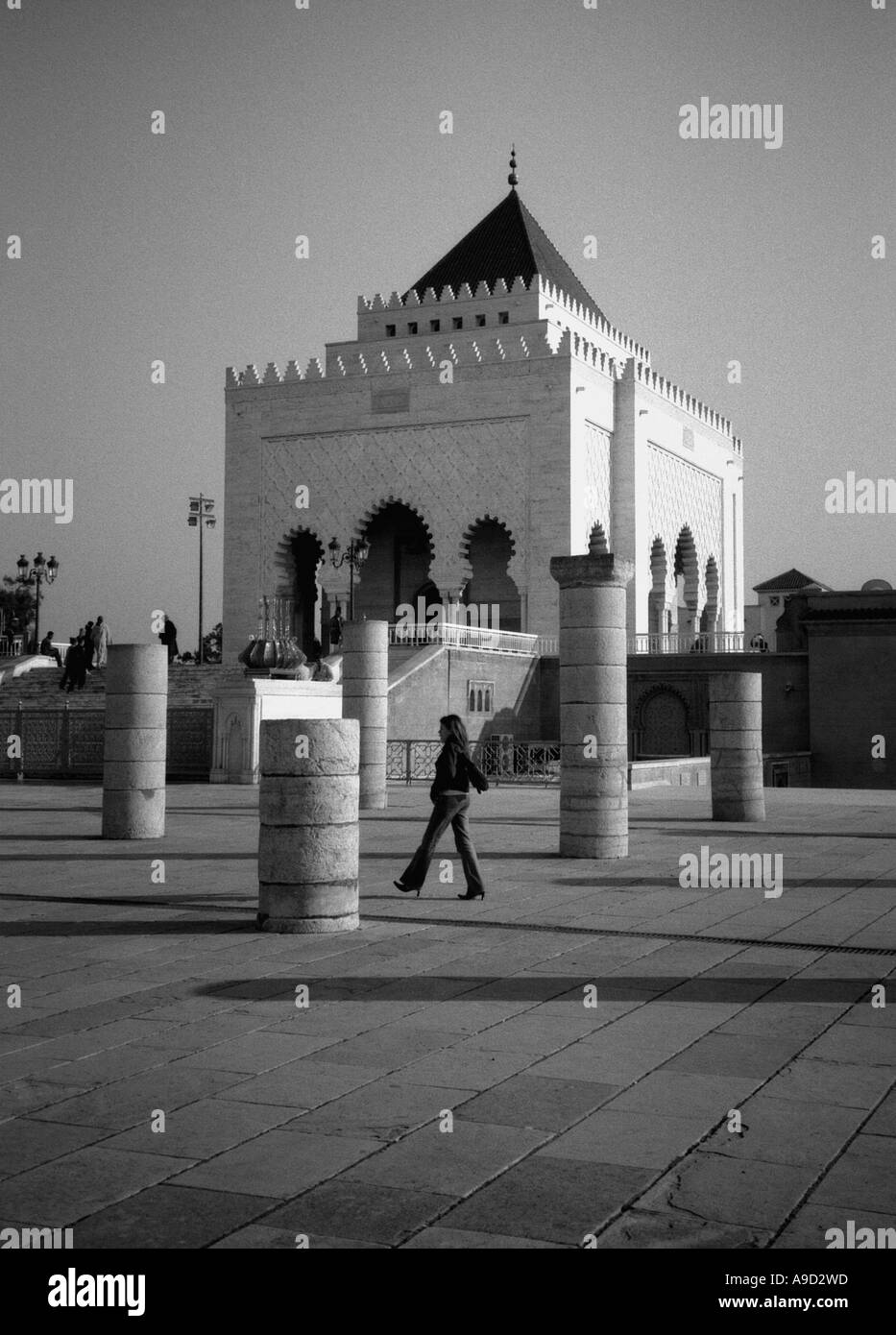 Mausoleum of Mohammed V through Hassan Mosque ruins Rabat Rabat-Salé-Zemmour-Zaer region Western Morocco North Africa Stock Photo