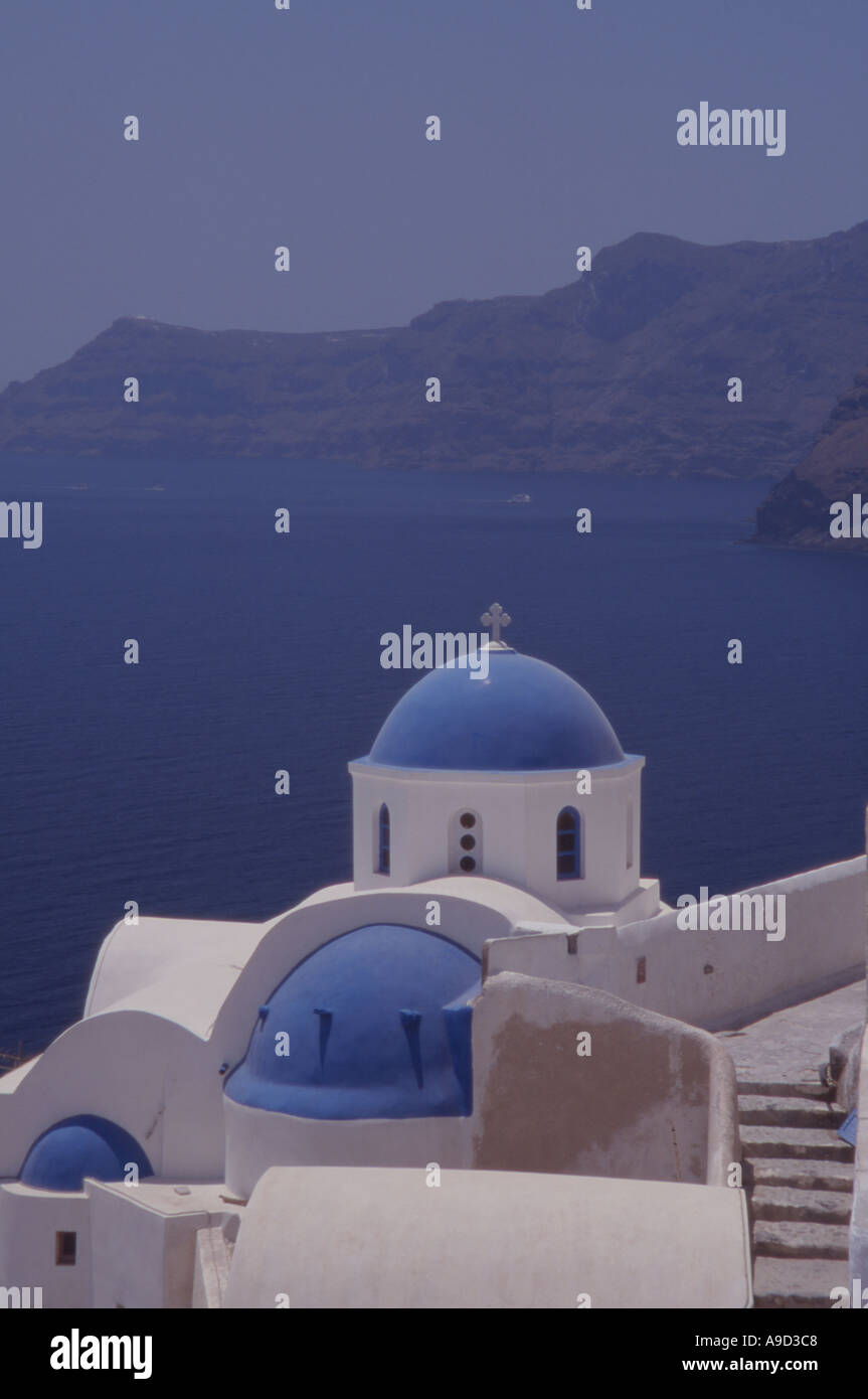 Greece Santorini Blue domed Greek orthodox churches of Oia Stock Photo